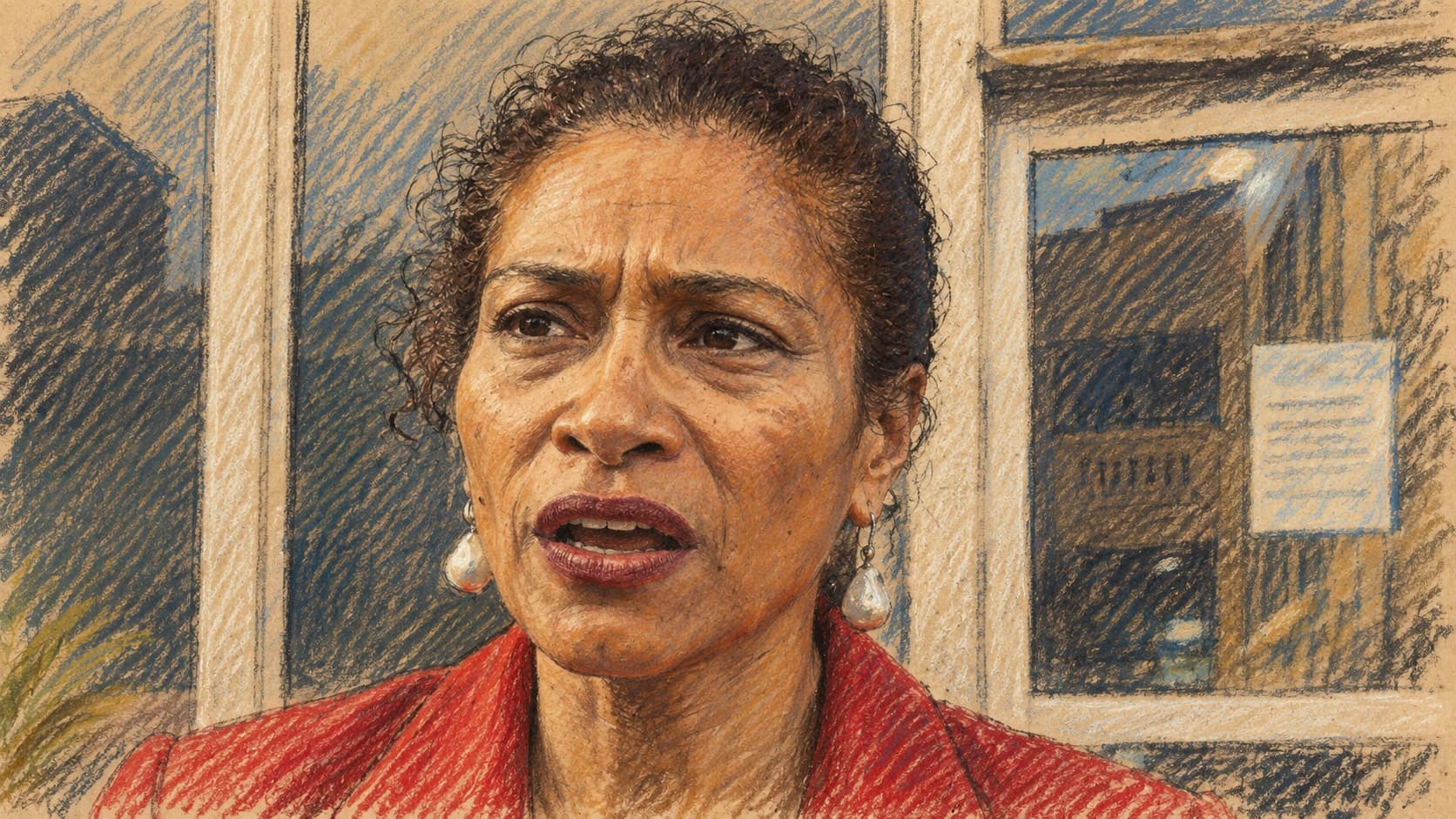 Courtroom-sketch editorial illustration of Fiji Information Minister Lynda Tabuya speaking outside a glass-fronted building, rendered in warm ochre and slate-blue pastel strokes.