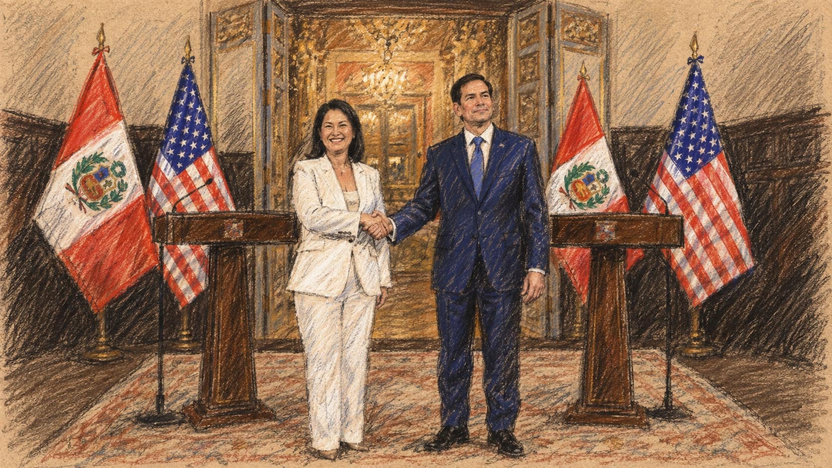 Courtroom-sketch editorial illustration of President Keiko Fujimori and U.S. Secretary of State Marco Rubio shaking hands between Peruvian and United States flags and two lecterns in an ornate government room, rendered in warm ochre and slate-blue pastel strokes.