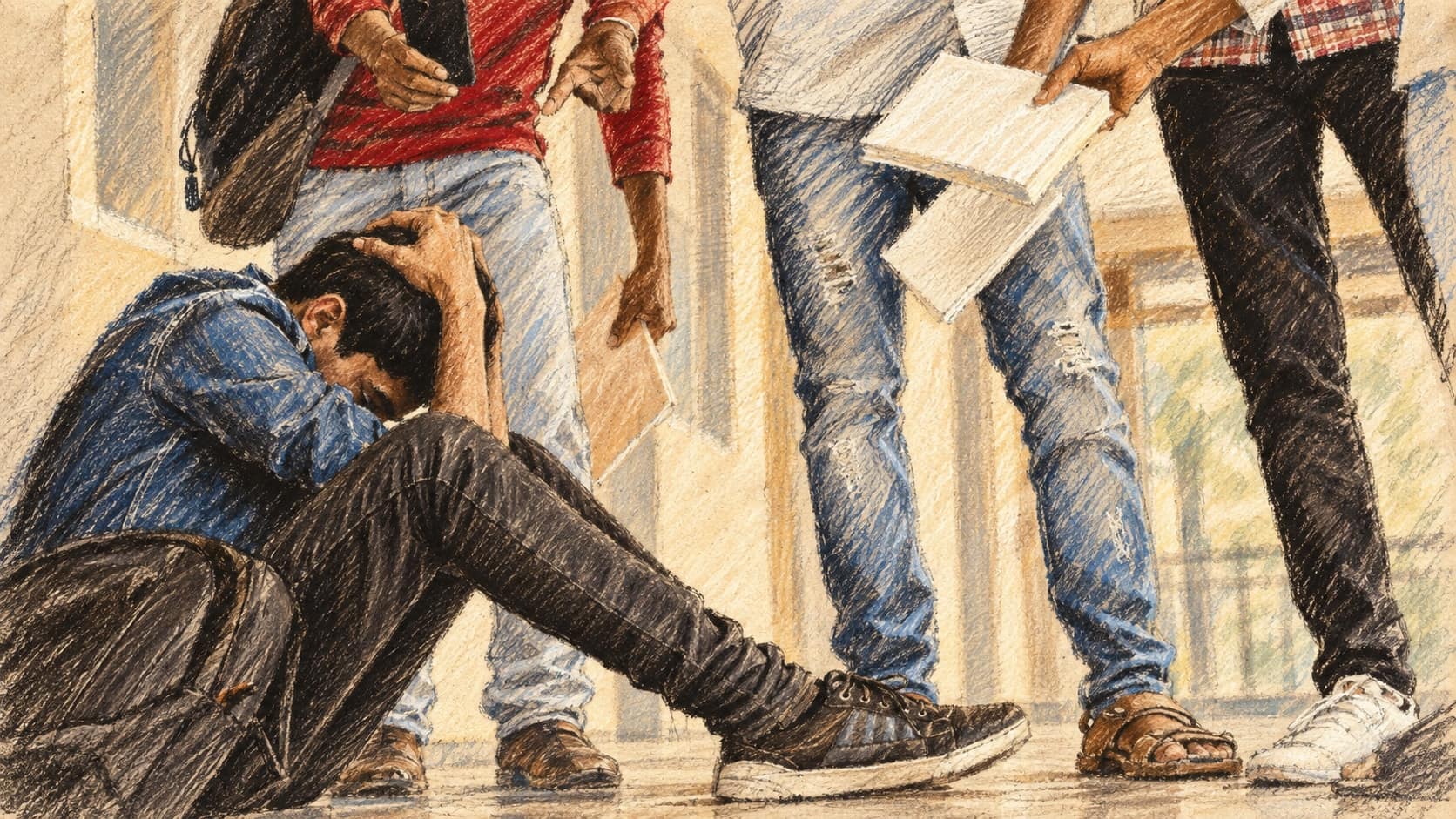Courtroom-sketch editorial illustration of a seated student shielding his head while four standing peers surround him in a school corridor, rendered in warm ochre and slate-blue pastel strokes.