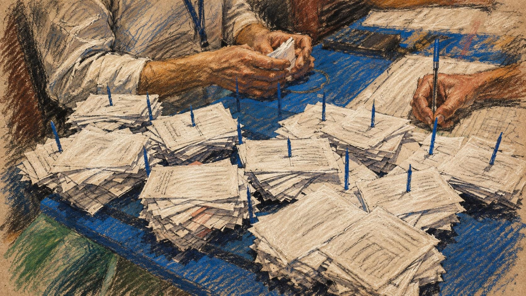 Courtroom-sketch editorial illustration of election workers sorting and counting piles of paper ballot slips on a blue table, rendered in warm ochre and slate-blue pastel strokes.