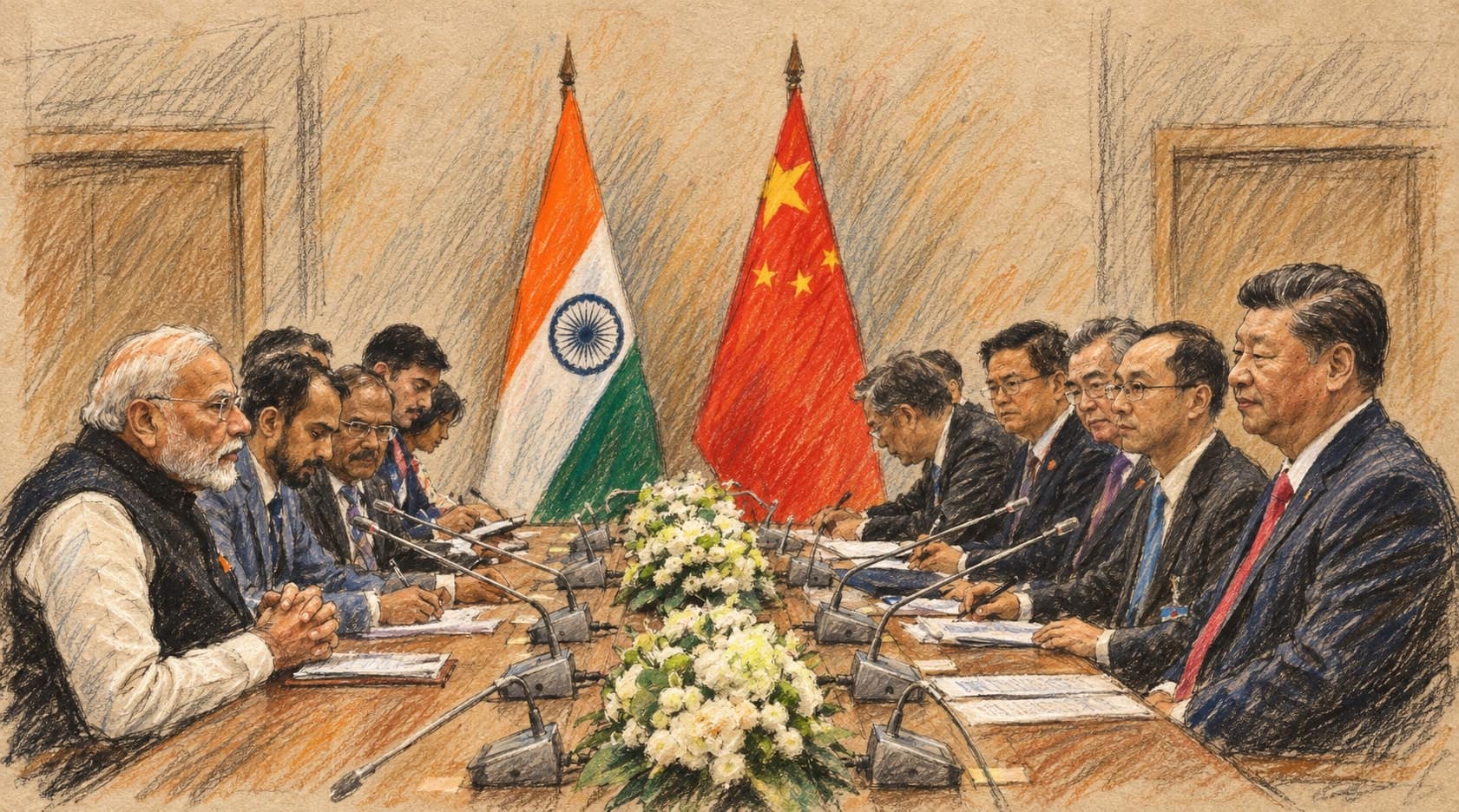 Courtroom-sketch editorial illustration of Narendra Modi and Xi Jinping facing each other across a bilateral meeting table with Indian and Chinese delegations and flags, rendered in warm ochre and slate-blue pastel strokes.