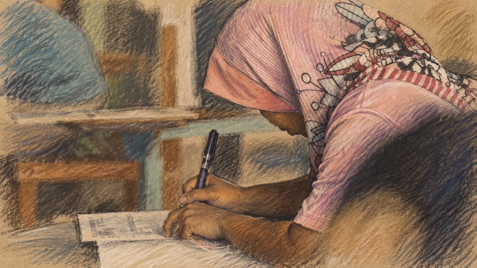 Courtroom-sketch editorial illustration of a woman in a pink hijab filling out a ballot at a table, with another voter blurred in the foreground, rendered in warm ochre and slate-blue pastel strokes.