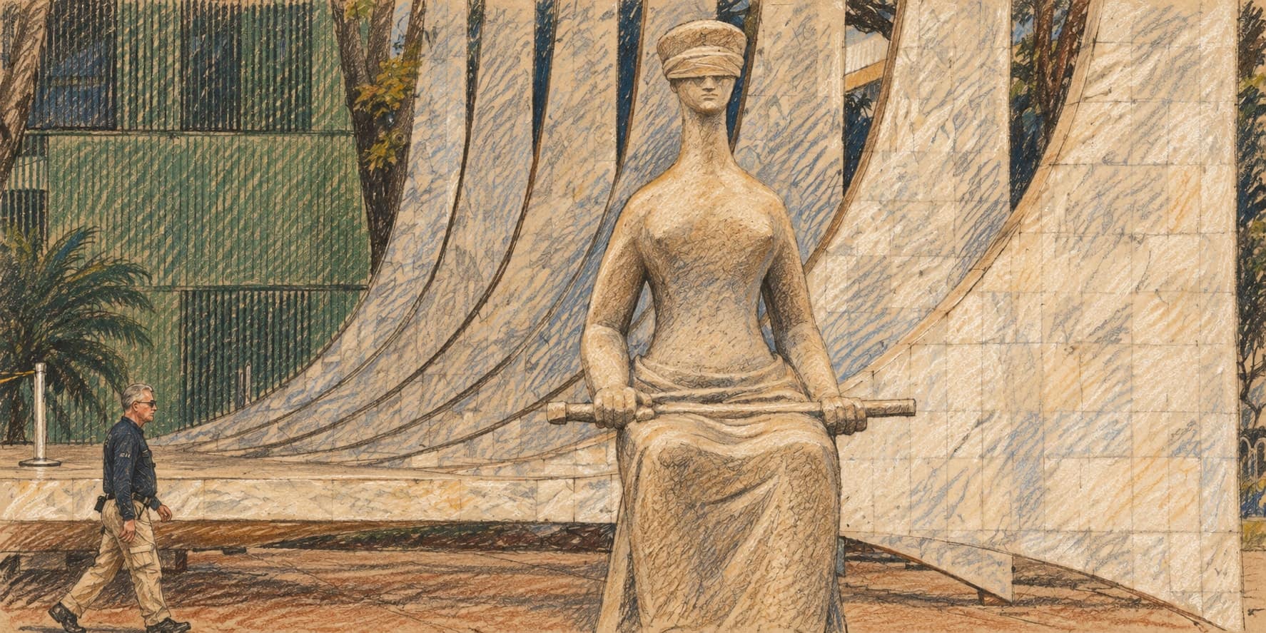 Courtroom-sketch editorial illustration of the blindfolded Justice statue holding a sword before the curved white-marble facade of Brazil's Supreme Federal Court, with a security officer walking at left, rendered in warm ochre and slate-blue pastel strokes.