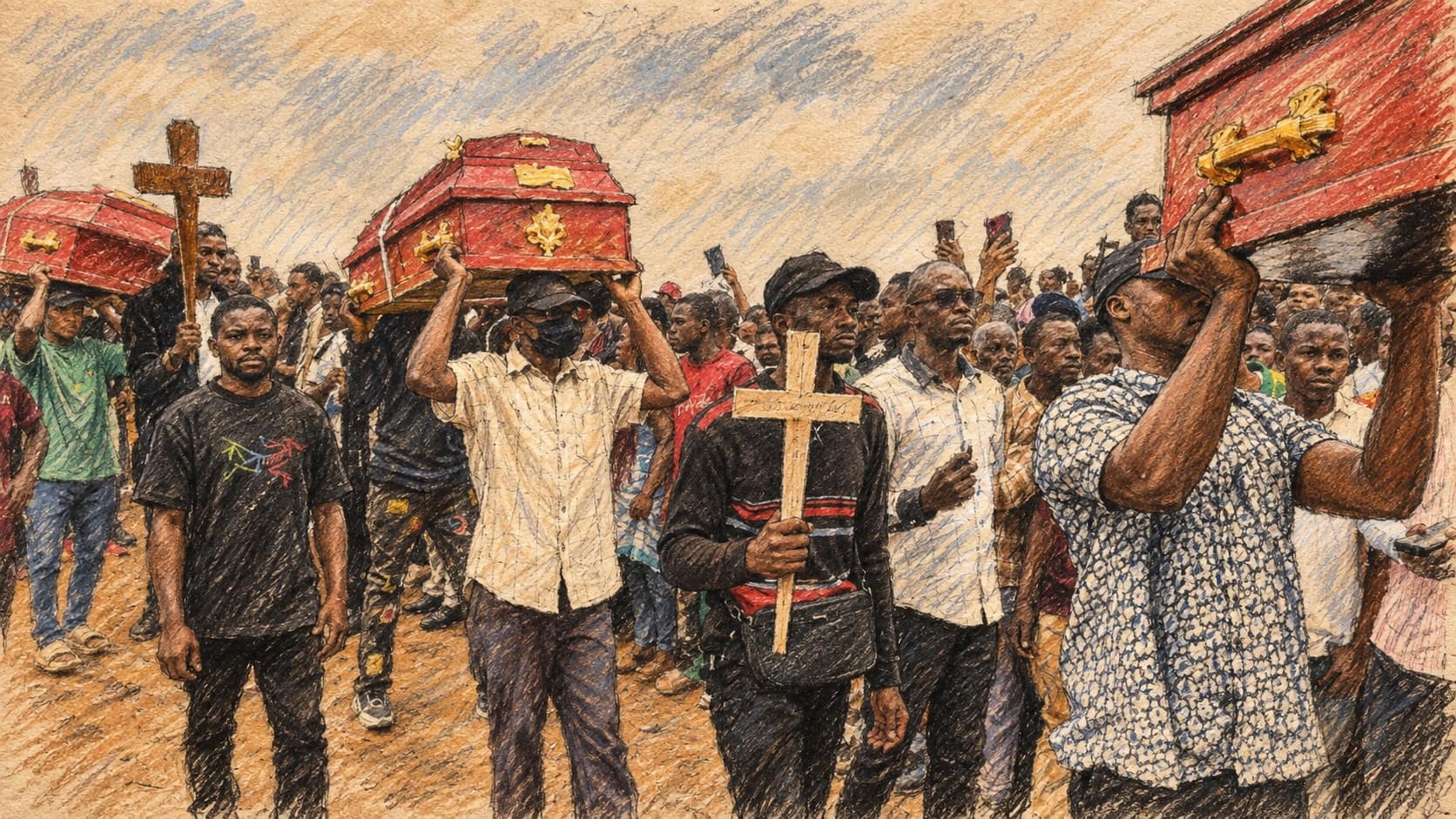 Courtroom-sketch editorial illustration of mourners carrying red coffins in an outdoor funeral procession in Bukavu, rendered in warm ochre and slate-blue pastel strokes.