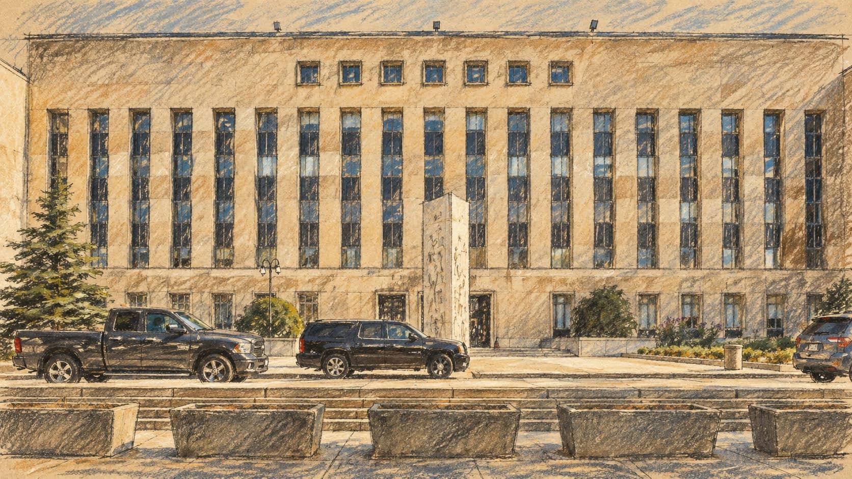 Courtroom-sketch editorial illustration of the E. Barrett Prettyman United States Courthouse in Washington, D.C., seen across the street with its central stone sign, parked vehicles, and concrete barriers, rendered in warm ochre and slate-blue pastel strokes.