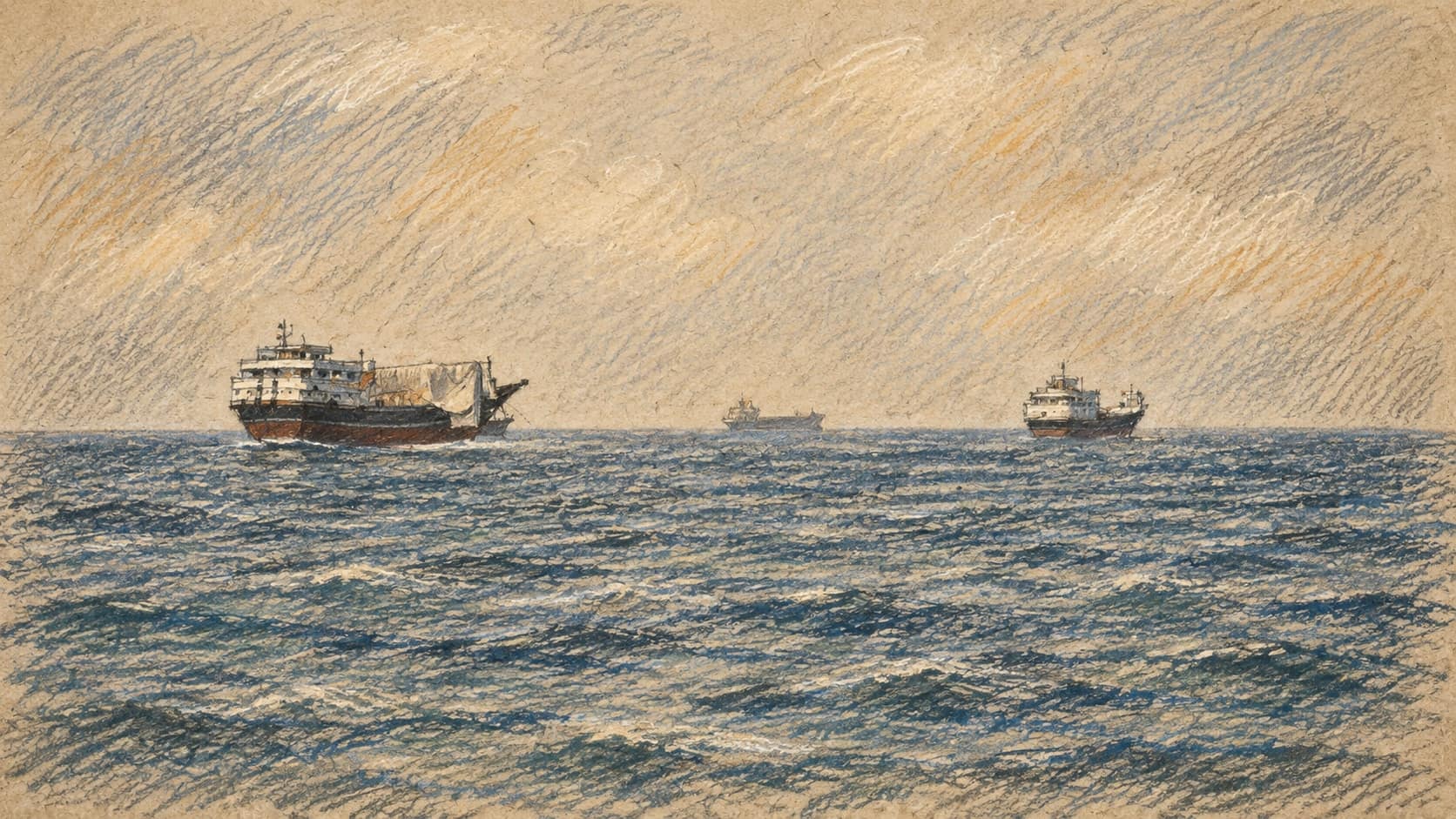 Courtroom-sketch editorial illustration of three cargo vessels spaced across open water beneath a hazy sky, rendered in warm ochre and slate-blue pastel strokes.