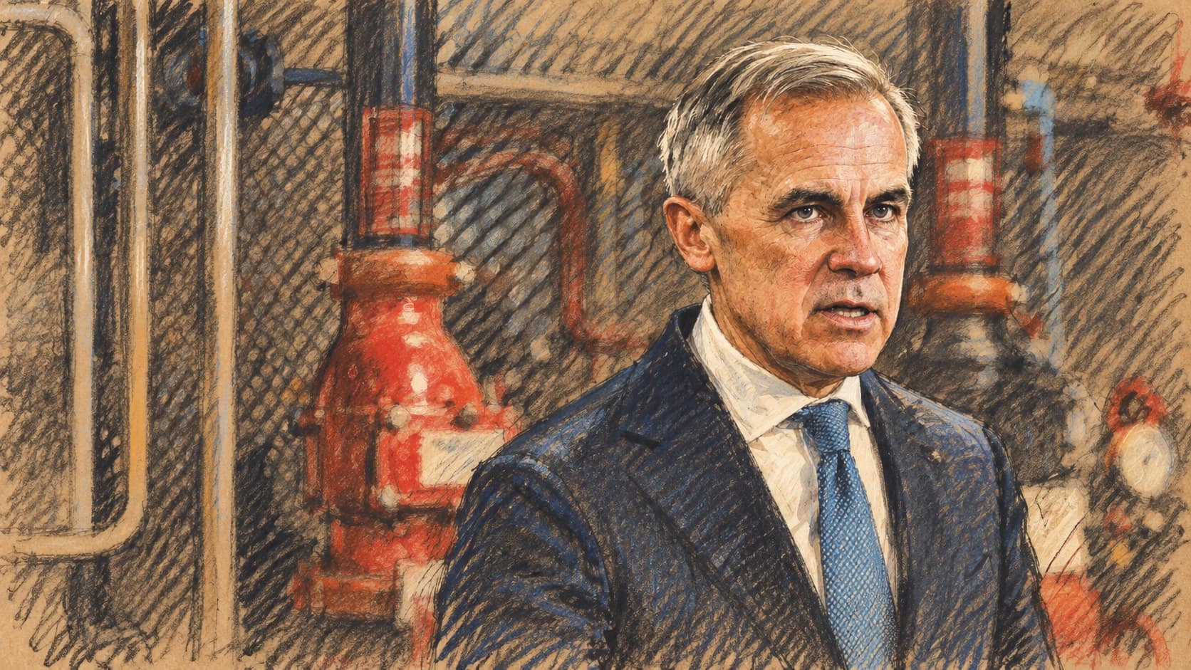 Courtroom-sketch editorial illustration of Prime Minister Mark Carney speaking in an industrial facility with red piping and equipment behind him, rendered in warm ochre and slate-blue pastel strokes.