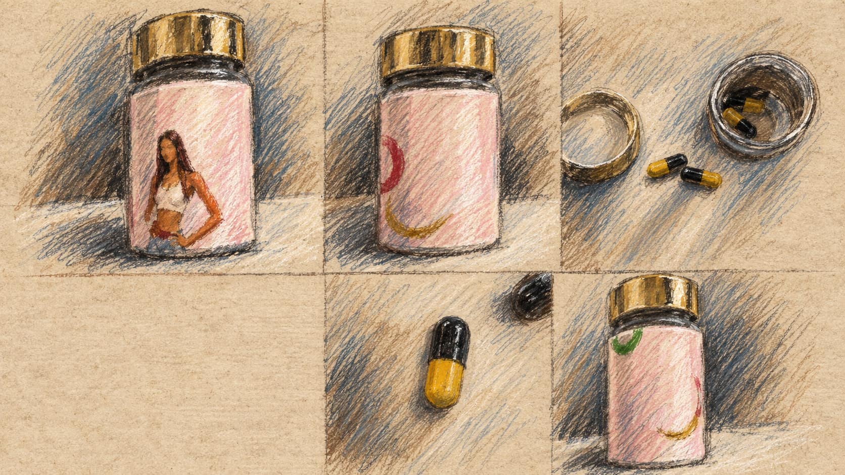 Courtroom-sketch editorial illustration of a pink G Slim supplement bottle shown from several angles beside yellow-and-black capsules, rendered in warm ochre and slate-blue pastel strokes.