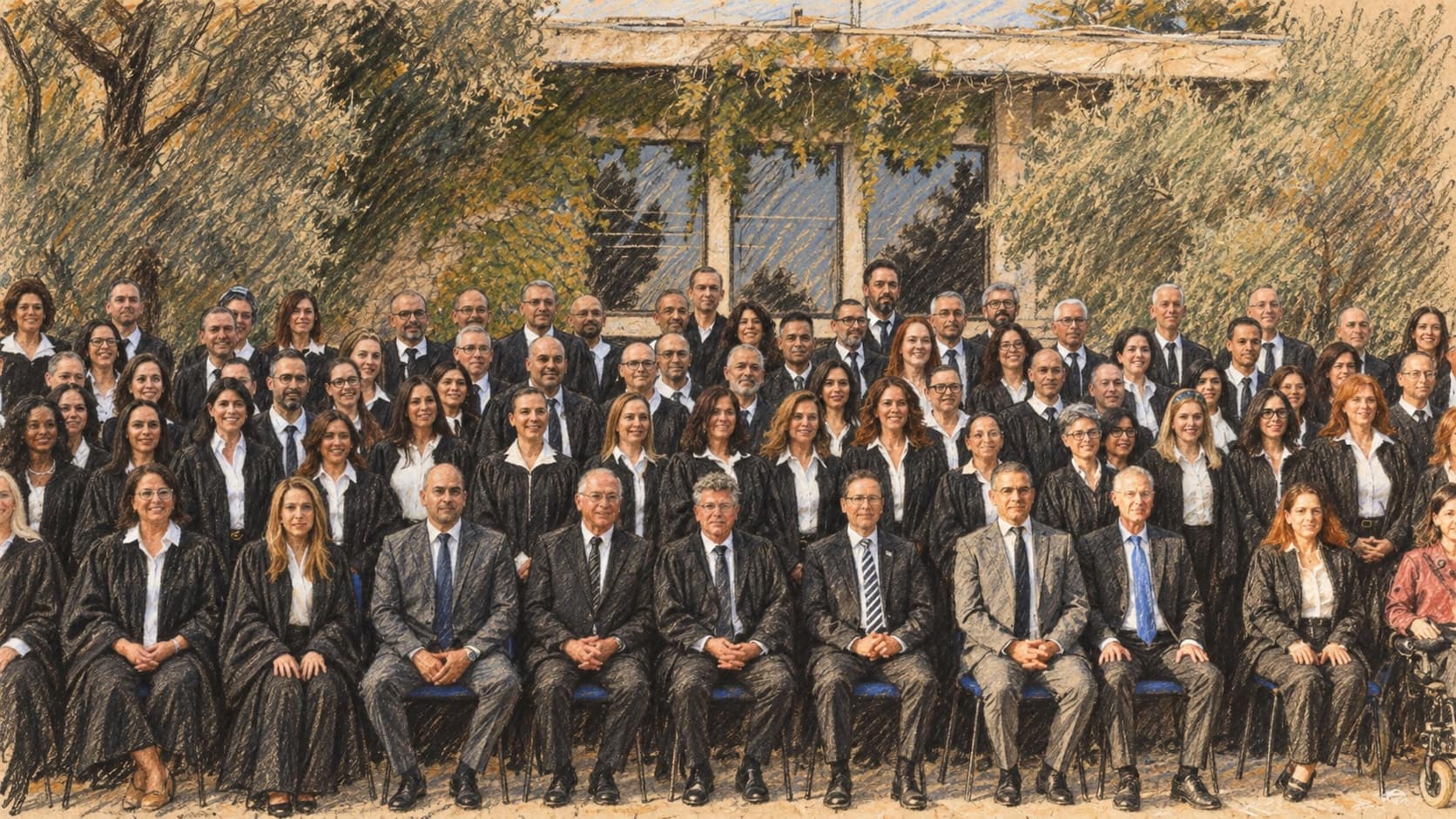 Courtroom-sketch editorial illustration of dozens of newly sworn-in Israeli judges and registrars posing outdoors in several rows with senior officials seated in front, rendered in warm ochre and slate-blue pastel strokes.