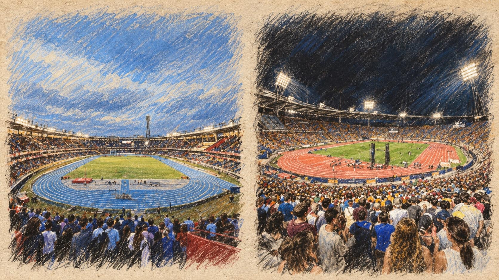 Courtroom-sketch editorial illustration of paired athletics stadium views, with a blue-track venue by day and a crowded floodlit venue at night, rendered in warm ochre and slate-blue pastel strokes.