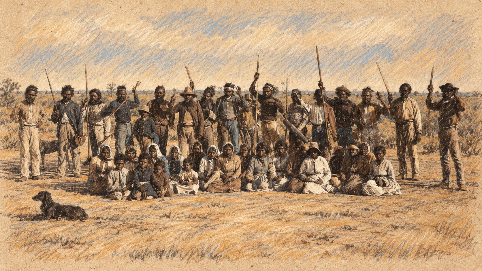Courtroom-sketch editorial illustration of Aboriginal adults and children gathered for a wide group portrait on open ground at William Creek, with a dog in the left foreground, rendered in warm ochre and slate-blue pastel strokes.