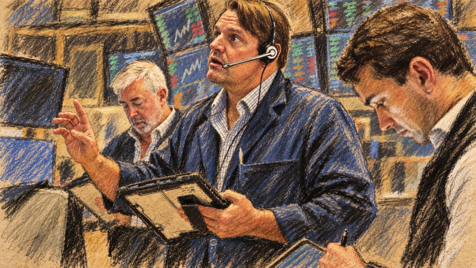 Courtroom-sketch editorial illustration of three traders on a stock-exchange floor, centered on a headset-wearing trader holding a tablet and gesturing amid market screens, rendered in warm ochre and slate-blue pastel strokes.