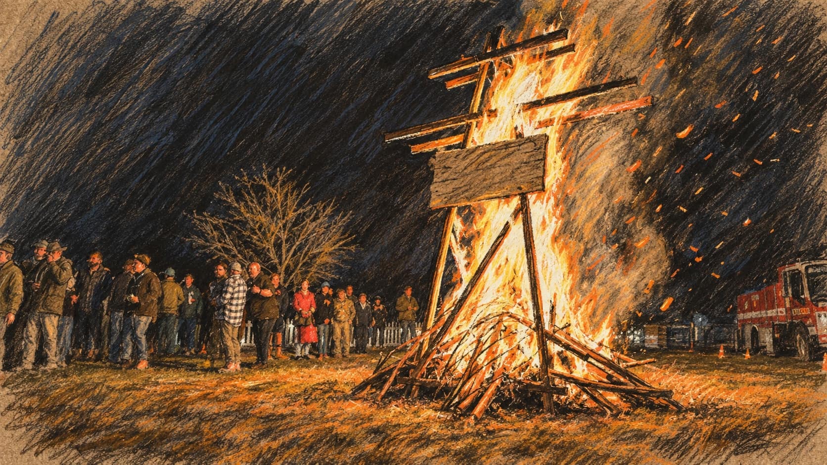 Courtroom-sketch editorial illustration of local residents gathered at night beside a bonfire consuming a wooden power-transmission-tower mockup, rendered in warm ochre and slate-blue pastel strokes.