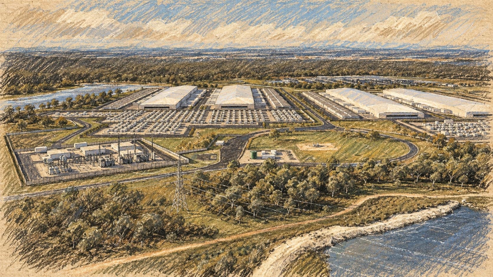 Courtroom-sketch editorial illustration of an aerial view of a planned data-centre campus beside water and woodland, rendered in warm ochre and slate-blue pastel strokes.