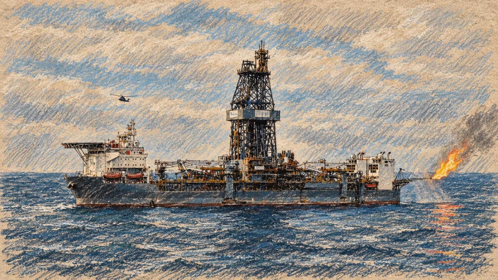 Courtroom-sketch editorial illustration of an offshore drilling ship at sea with its central derrick, a helicopter overhead, and a gas flare burning at the stern, rendered in warm ochre and slate-blue pastel strokes.