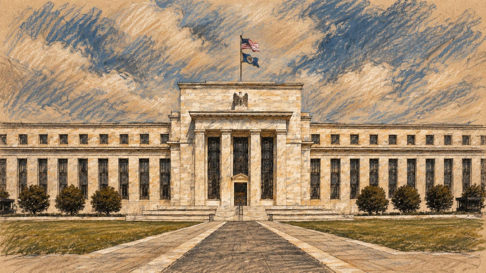 Courtroom-sketch editorial illustration of the Marriner S. Eccles Federal Reserve Board Building in Washington, with its central entrance, flags, symmetrical trees, lawns, and paved approach, rendered in warm ochre and slate-blue pastel strokes.