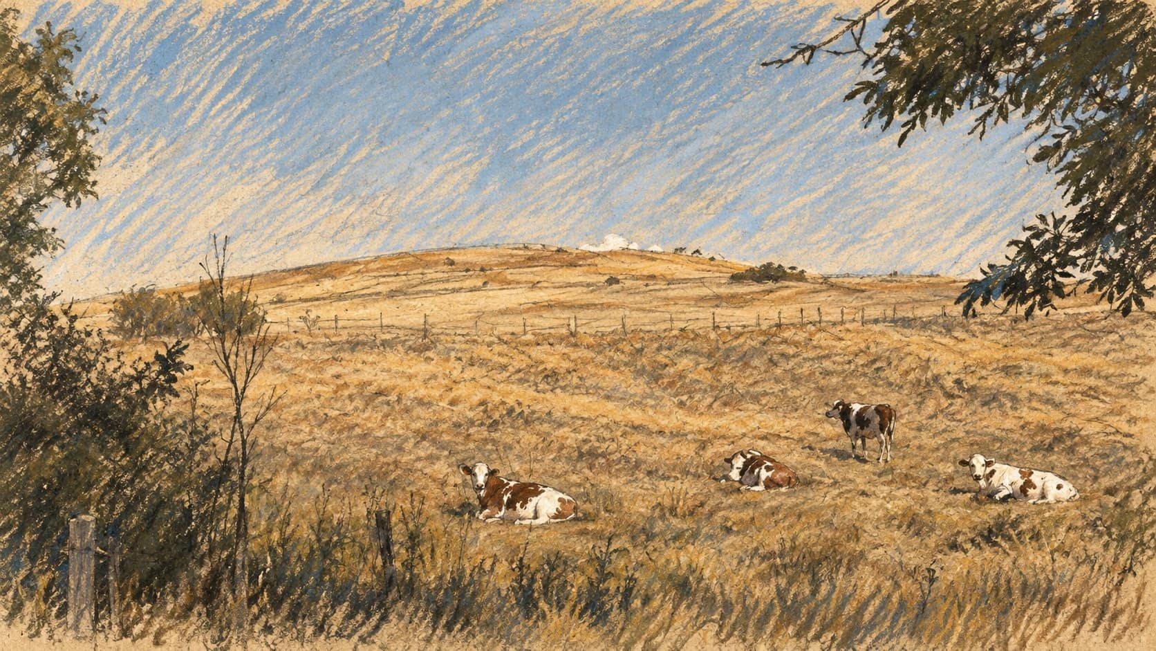 Courtroom-sketch editorial illustration of four cattle in a heat-scorched French pasture below a dry hill, framed by leafy trees and rendered in warm ochre and slate-blue pastel strokes.
