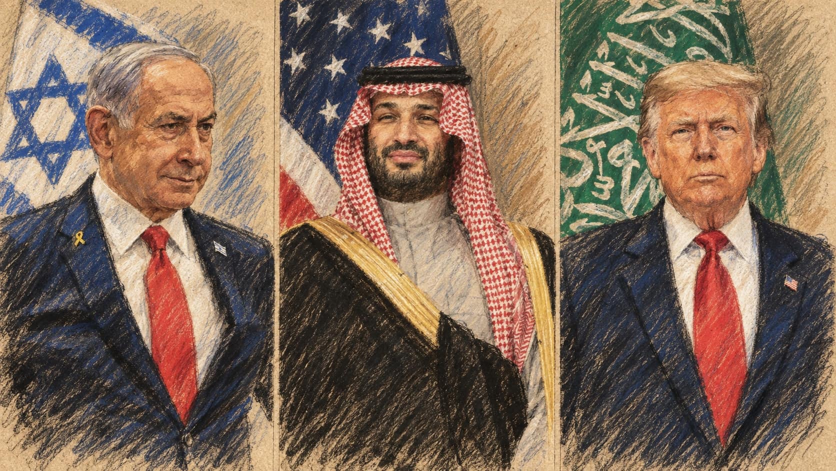Courtroom-sketch editorial illustration of Benjamin Netanyahu, Saudi Crown Prince Mohammed bin Salman, and Donald Trump in three side-by-side portraits before Israeli, U.S., and Saudi flags, rendered in warm ochre and slate-blue pastel strokes.