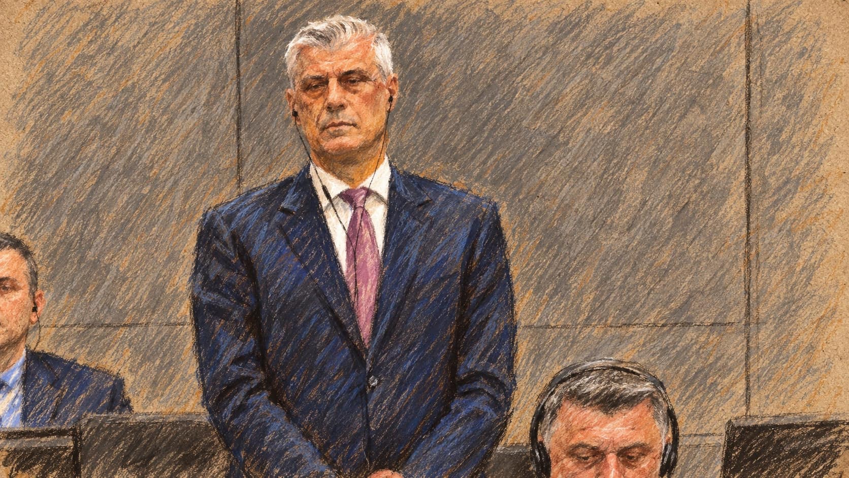 Courtroom-sketch editorial illustration of Hashim Thaçi standing solemnly in a gray tribunal courtroom with seated officials wearing headsets in the foreground, rendered in warm ochre and slate-blue pastel strokes.