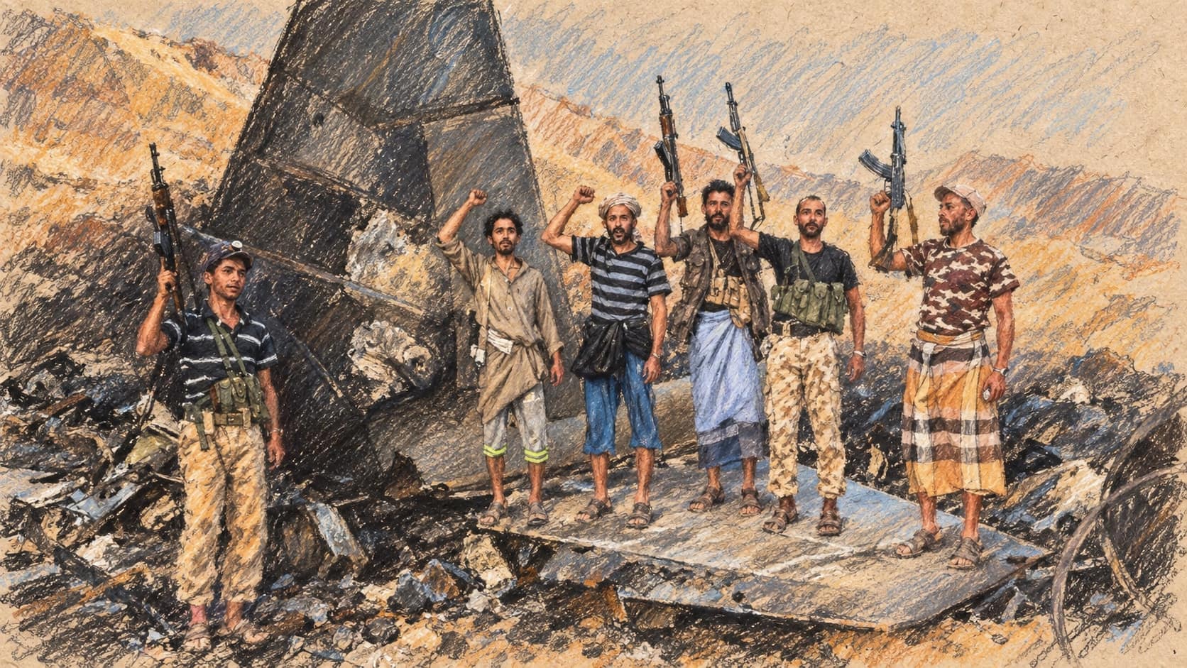 Courtroom-sketch editorial illustration of six armed Houthi fighters standing amid wreckage beside a damaged missile or aircraft tail section in rocky terrain, rendered in warm ochre and slate-blue pastel strokes.