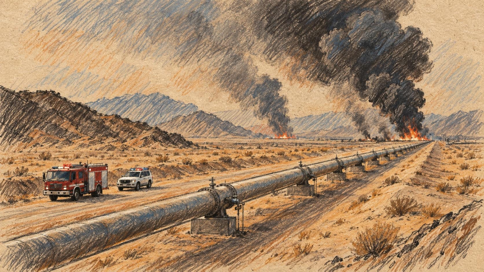 Courtroom-sketch editorial illustration of a desert oil pipeline beside emergency vehicles, with fires and black smoke plumes rising in the distance, rendered in warm ochre and slate-blue pastel strokes.