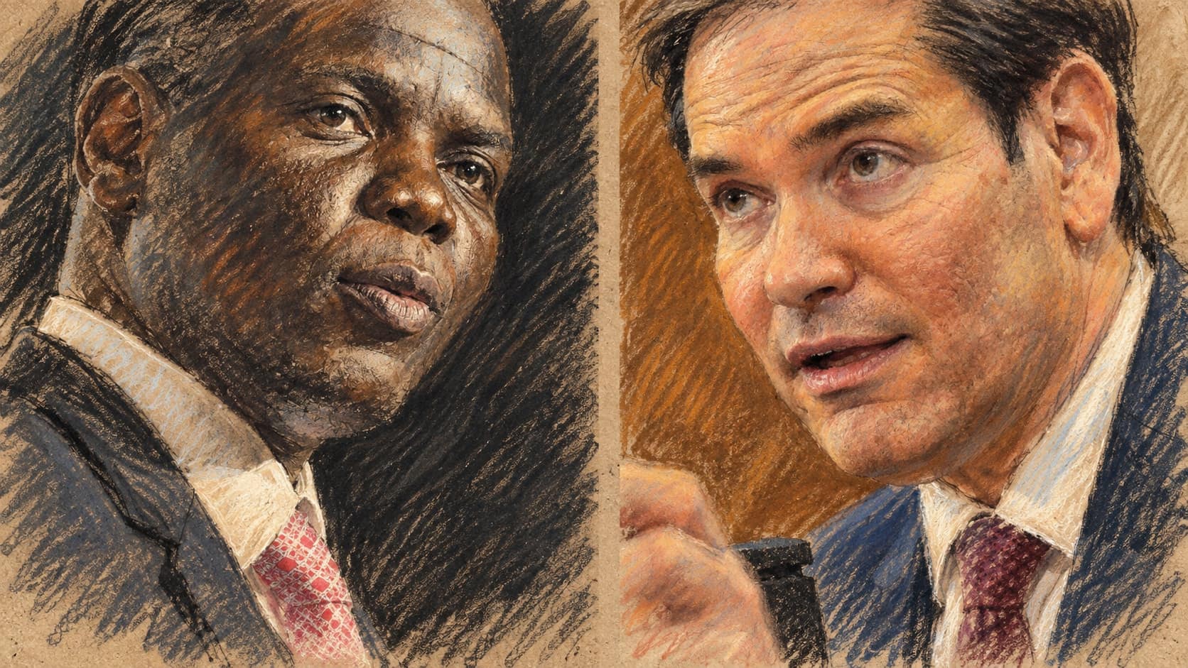 Courtroom-sketch editorial illustration of two suited South African and U.S. officials shown in tightly cropped side-by-side portraits, rendered in warm ochre and slate-blue pastel strokes.