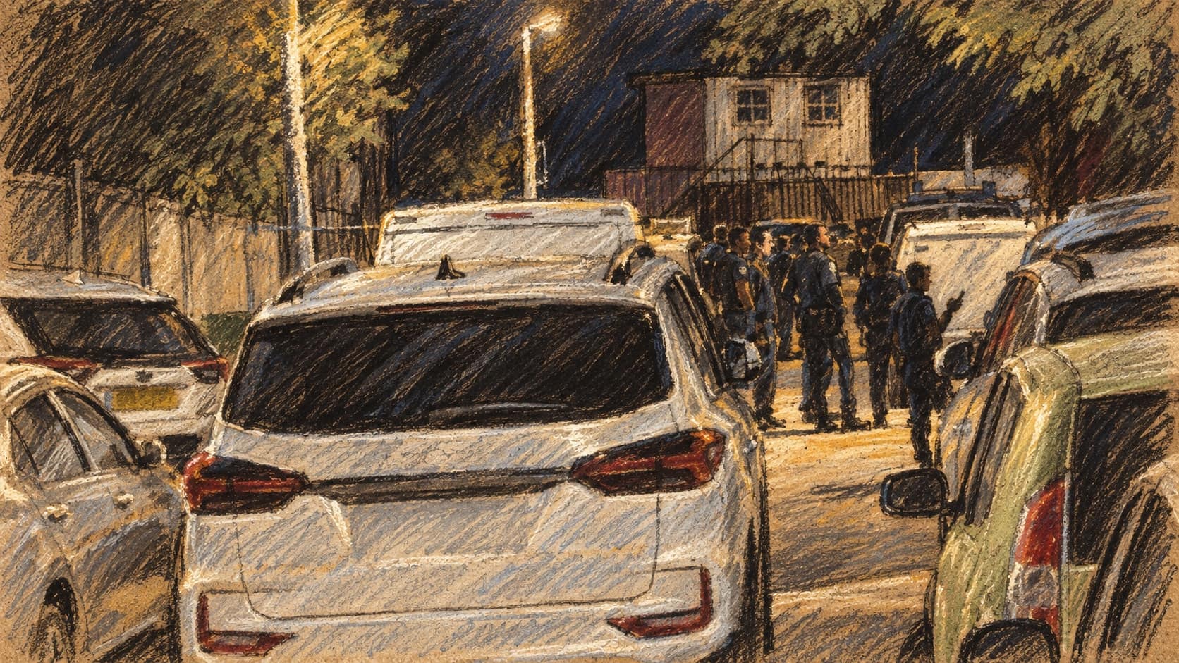 Courtroom-sketch editorial illustration of a nighttime residential compound crowded with parked vehicles, a white SUV in the foreground, and police and emergency personnel gathered beside the building, rendered in warm ochre and slate-blue pastel strokes.
