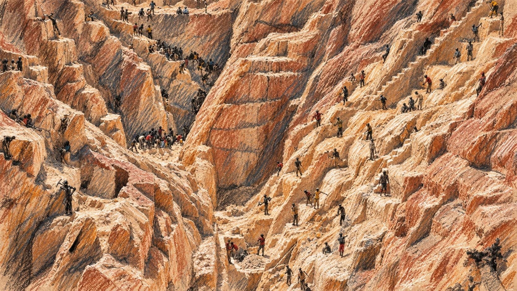 Courtroom-sketch editorial illustration of many artisanal miners working across steep terraced reddish-brown mine walls and narrow ledges, rendered in warm ochre and slate-blue pastel strokes.