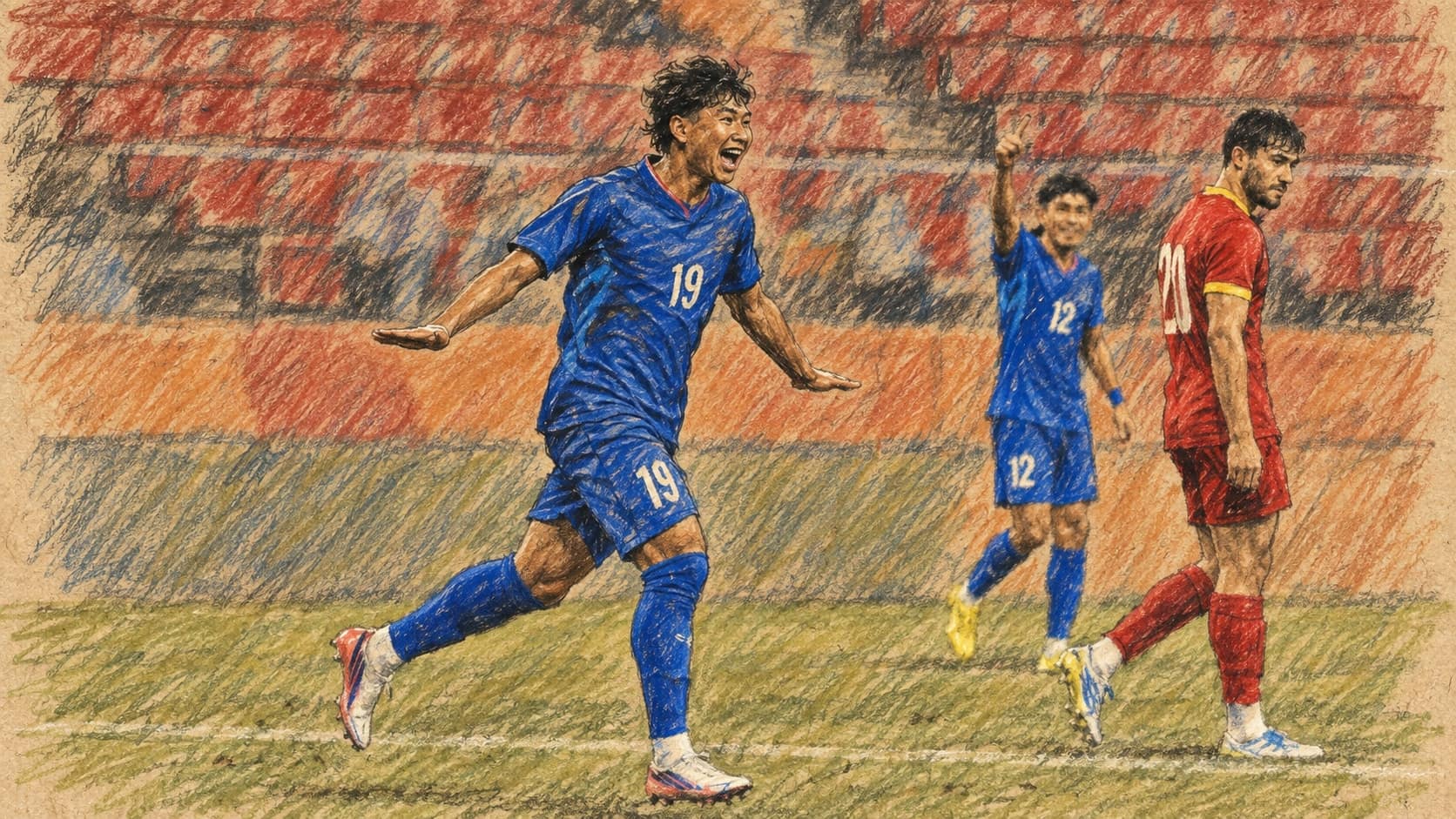 Courtroom-sketch editorial illustration of a Thai footballer in blue celebrating on the pitch as teammates and Kyrgyzstan players stand behind him, rendered in warm ochre and slate-blue pastel strokes.