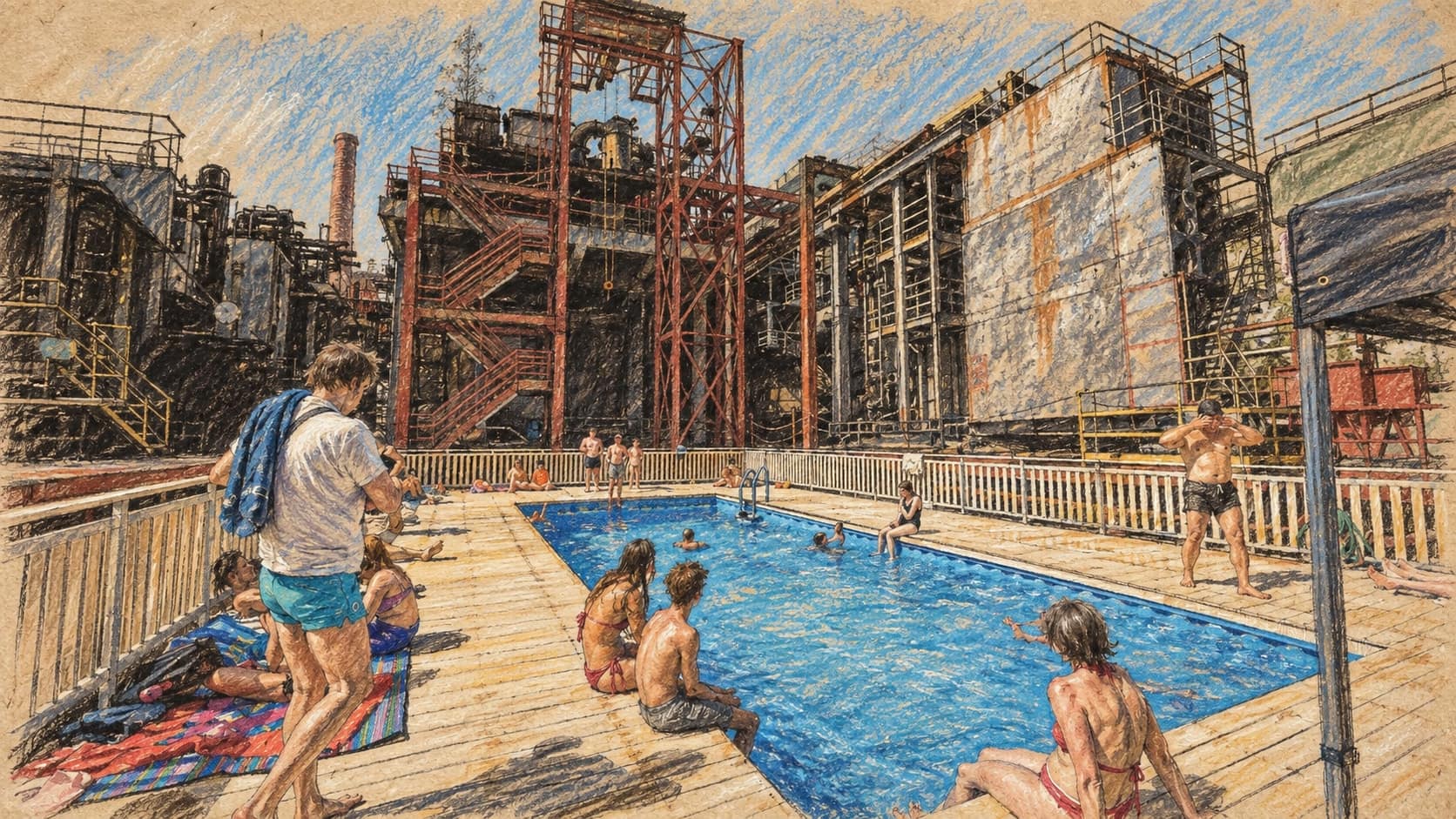 Courtroom-sketch editorial illustration of people cooling off in an outdoor swimming pool amid the steel structures of an industrial complex, rendered in warm ochre and slate-blue pastel strokes.