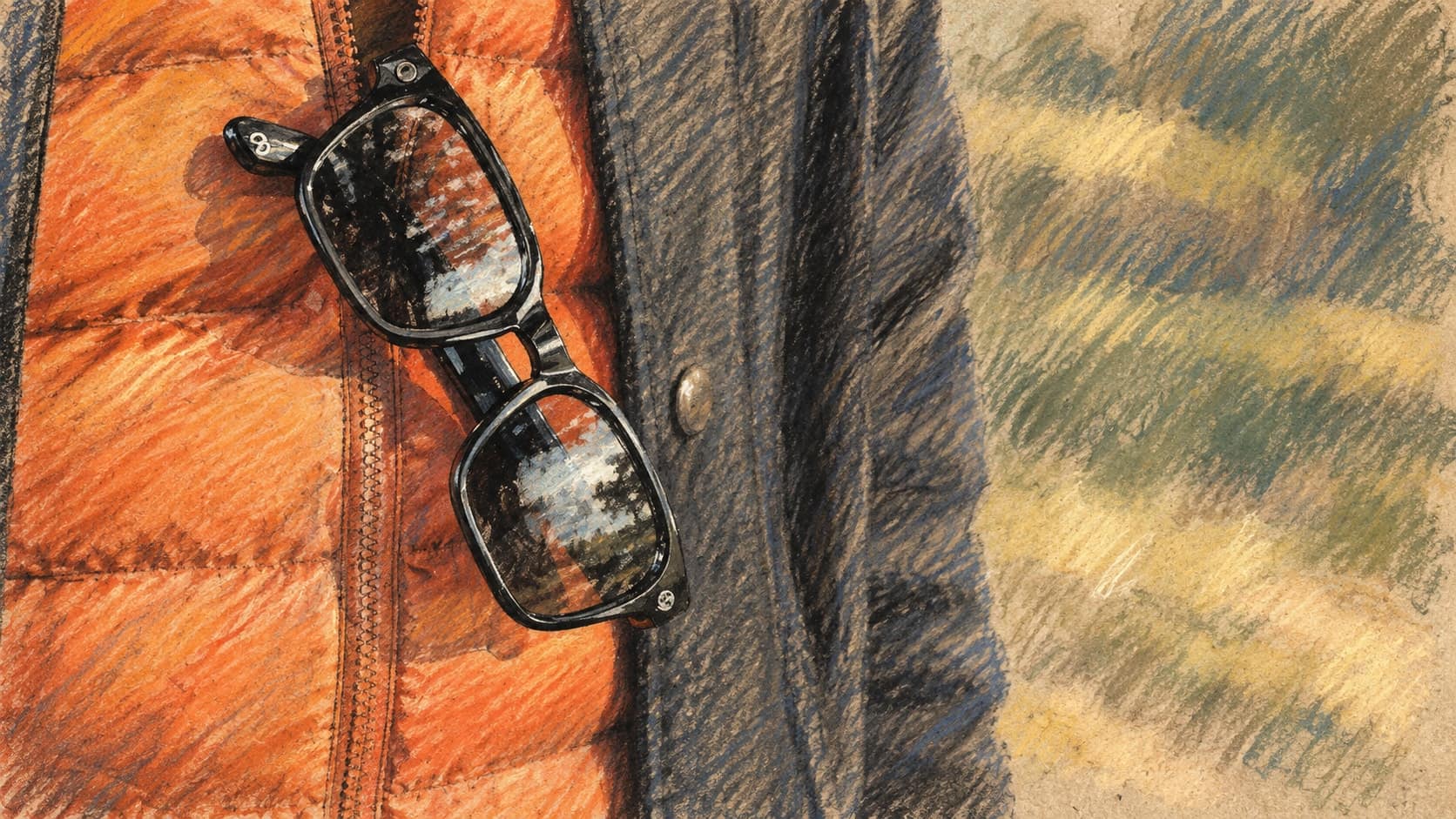 Courtroom-sketch editorial illustration of black smart glasses clipped to a bright orange quilted vest beside a dark jacket, rendered in warm ochre and slate-blue pastel strokes.