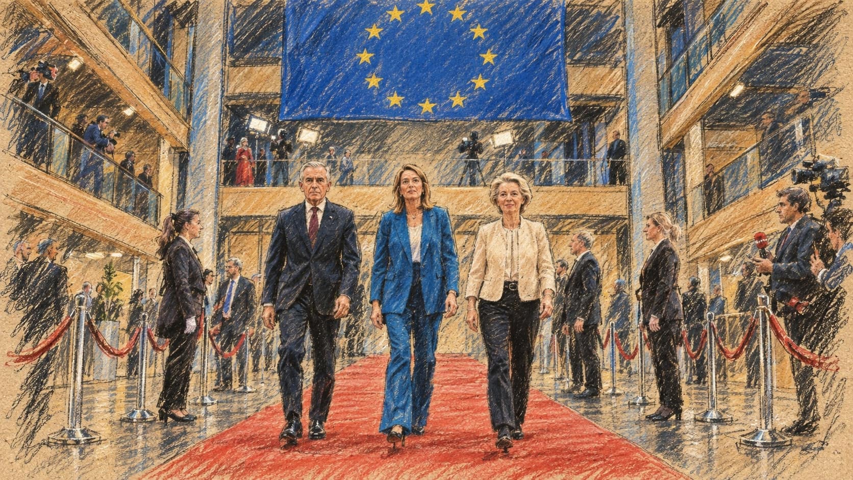 Courtroom-sketch editorial illustration of Mark Carney, Roberta Metsola, and Ursula von der Leyen walking together on a red carpet beneath a large European Union flag, rendered in warm ochre and slate-blue pastel strokes.