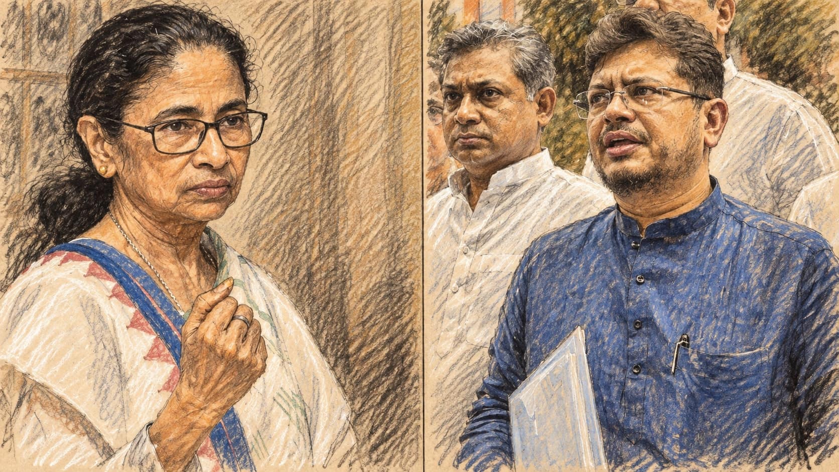 Courtroom-sketch editorial illustration of a split portrait showing a woman politician in a white sari and glasses beside a man politician in a blue kurta holding papers, rendered in warm ochre and slate-blue pastel strokes.