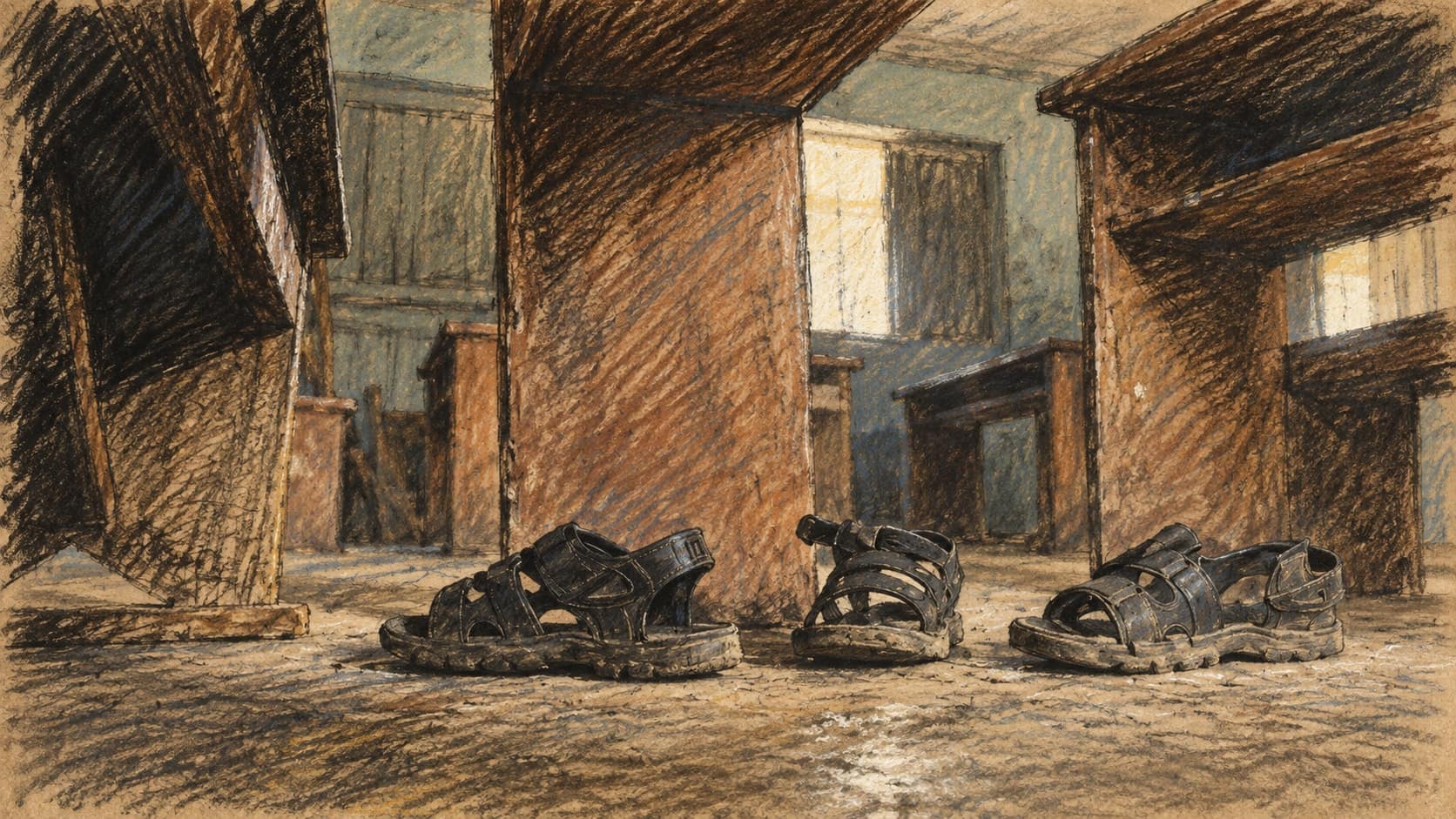 Courtroom-sketch editorial illustration of children’s sandals left on a dusty classroom floor beneath heavy wooden desks, rendered in warm ochre and slate-blue pastel strokes.
