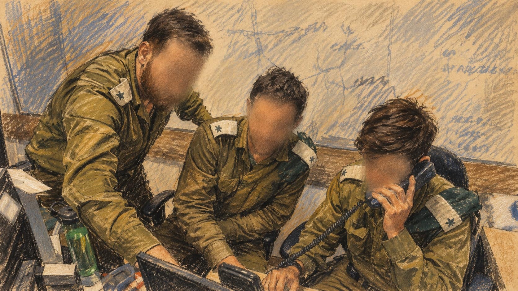 Courtroom-sketch editorial illustration of three IDF intelligence soldiers working around communications equipment in an operations room, rendered in warm ochre and slate-blue pastel strokes.