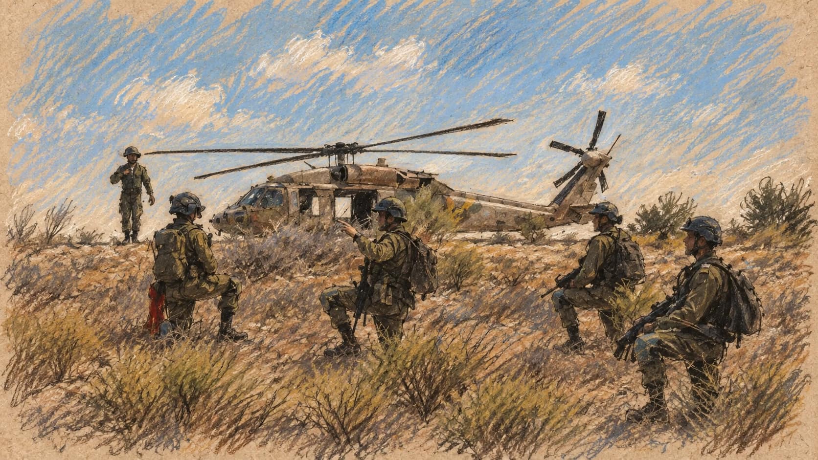 Courtroom-sketch editorial illustration of Israeli soldiers moving through scrubland in front of a parked military helicopter, rendered in warm ochre and slate-blue pastel strokes.