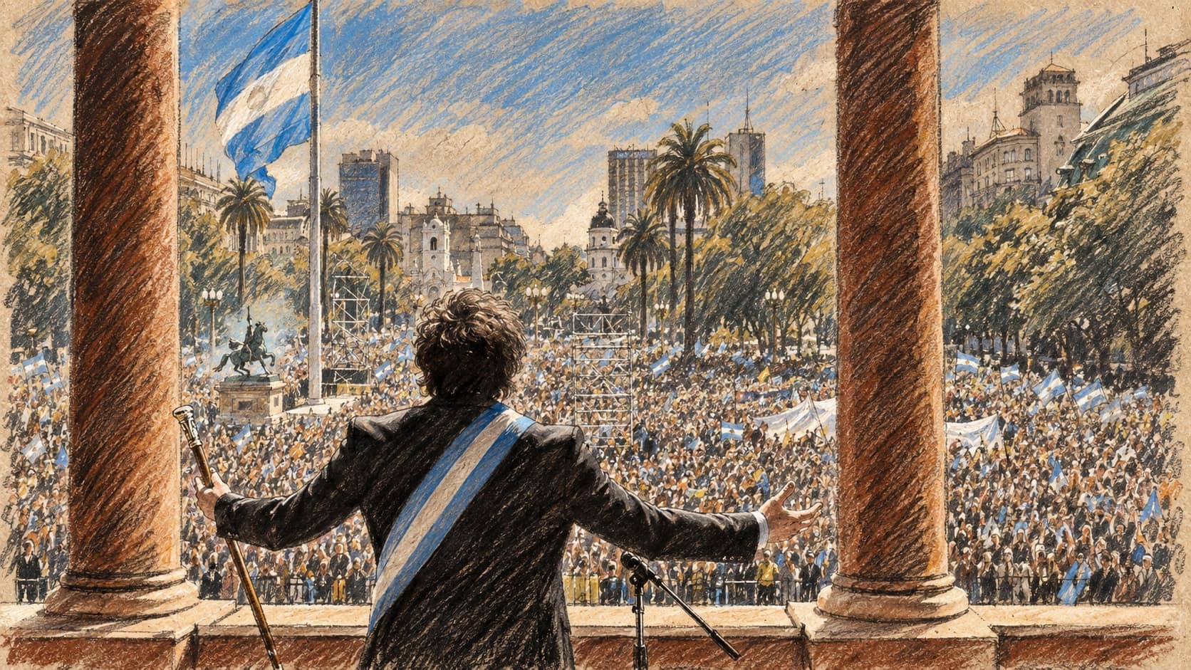 Courtroom-sketch editorial illustration of Javier Milei wearing Argentina's presidential sash and facing a large crowd from the Casa Rosada balcony, rendered in warm ochre and slate-blue pastel strokes.