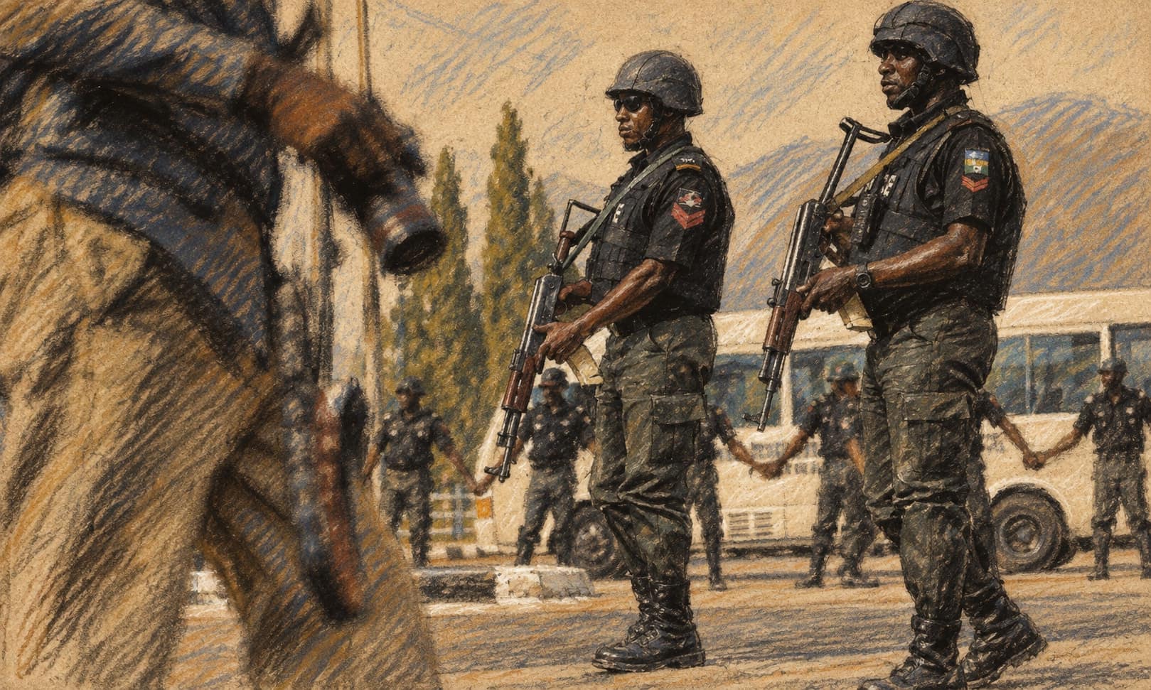 Courtroom-sketch editorial illustration of armed Nigerian police officers in black uniforms and helmets standing on a street with a white van and additional officers behind them, rendered in warm ochre and slate-blue pastel strokes.