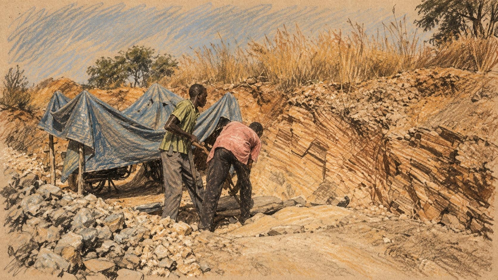 Courtroom-sketch editorial illustration of two workers beside tarp-covered mining equipment at a rocky open-air excavation, rendered in warm ochre and slate-blue pastel strokes.