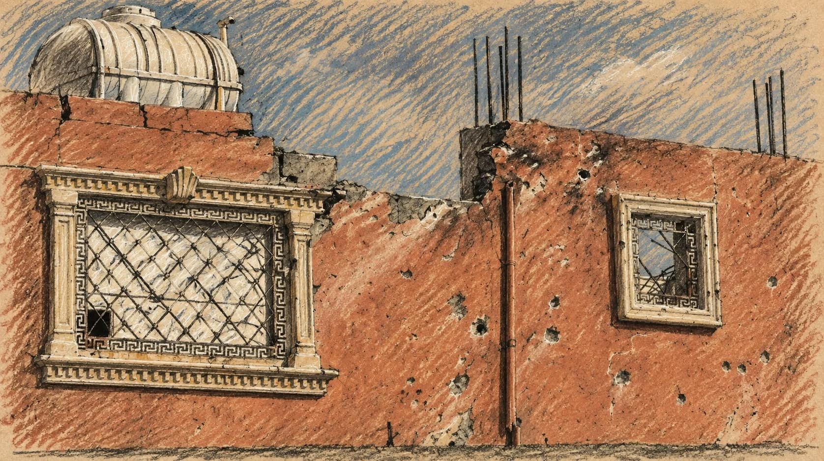 Courtroom-sketch editorial illustration of a shrapnel-damaged reddish stucco building in Taif with barred windows and a rooftop water tank, rendered in warm ochre and slate-blue pastel strokes.