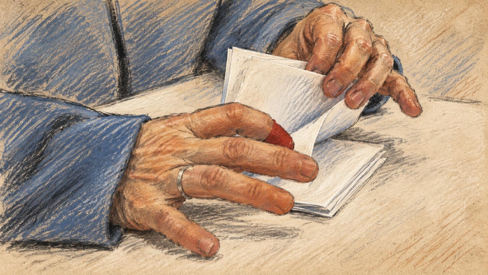 Courtroom-sketch editorial illustration of an election worker's hands opening and sorting folded paper ballots on a counting table, rendered in warm ochre and slate-blue pastel strokes.