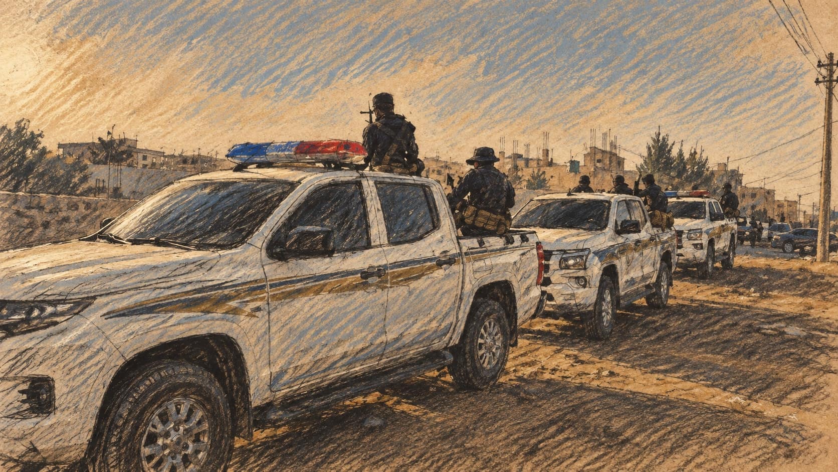Courtroom-sketch editorial illustration of a line of white Syrian police pickup trucks carrying armed officers along a rural road, rendered in warm ochre and slate-blue pastel strokes.
