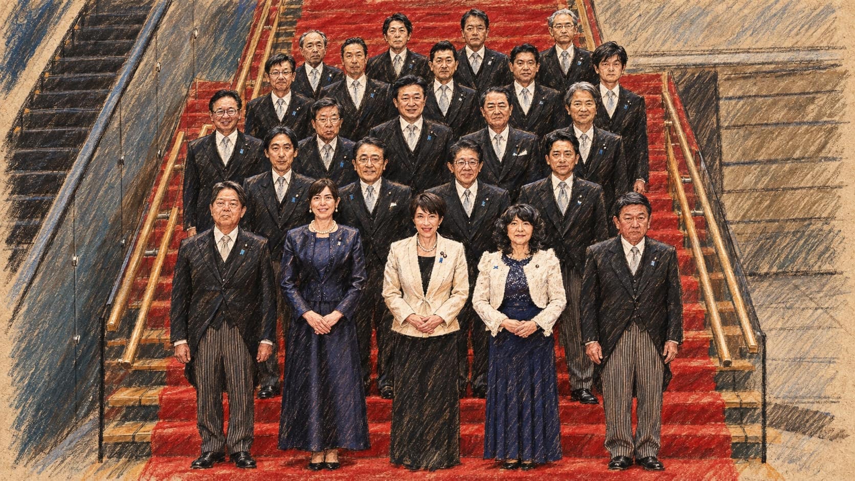Courtroom-sketch editorial illustration of Prime Minister Sanae Takaichi and her cabinet posed in formal rows on a red-carpeted staircase, rendered in warm ochre and slate-blue pastel strokes.