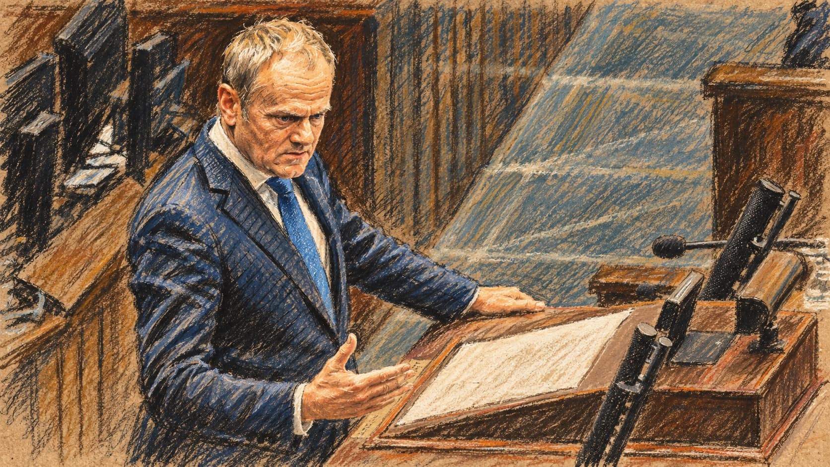 Courtroom-sketch editorial illustration of Donald Tusk addressing Poland's parliament from a lectern and gesturing beside chamber microphones, rendered in warm ochre and slate-blue pastel strokes.
