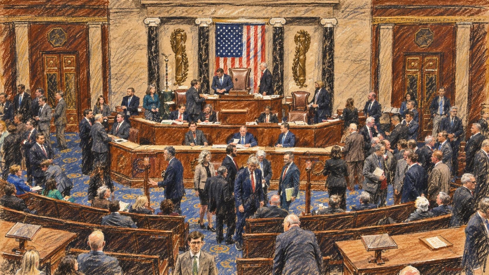 Courtroom-sketch editorial illustration of lawmakers gathered across the U.S. House chamber floor and rostrum beneath the American flag, rendered in warm ochre and slate-blue pastel strokes.