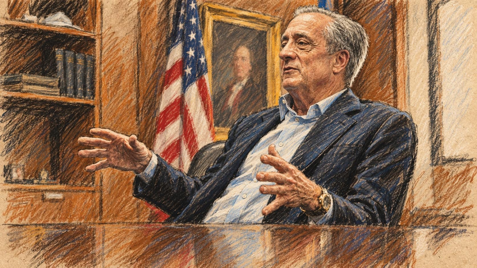Courtroom-sketch editorial illustration of a gray-haired postal official seated at a polished conference table and gesturing with both hands in a wood-paneled office with a U.S. flag, rendered in warm ochre and slate-blue pastel strokes.