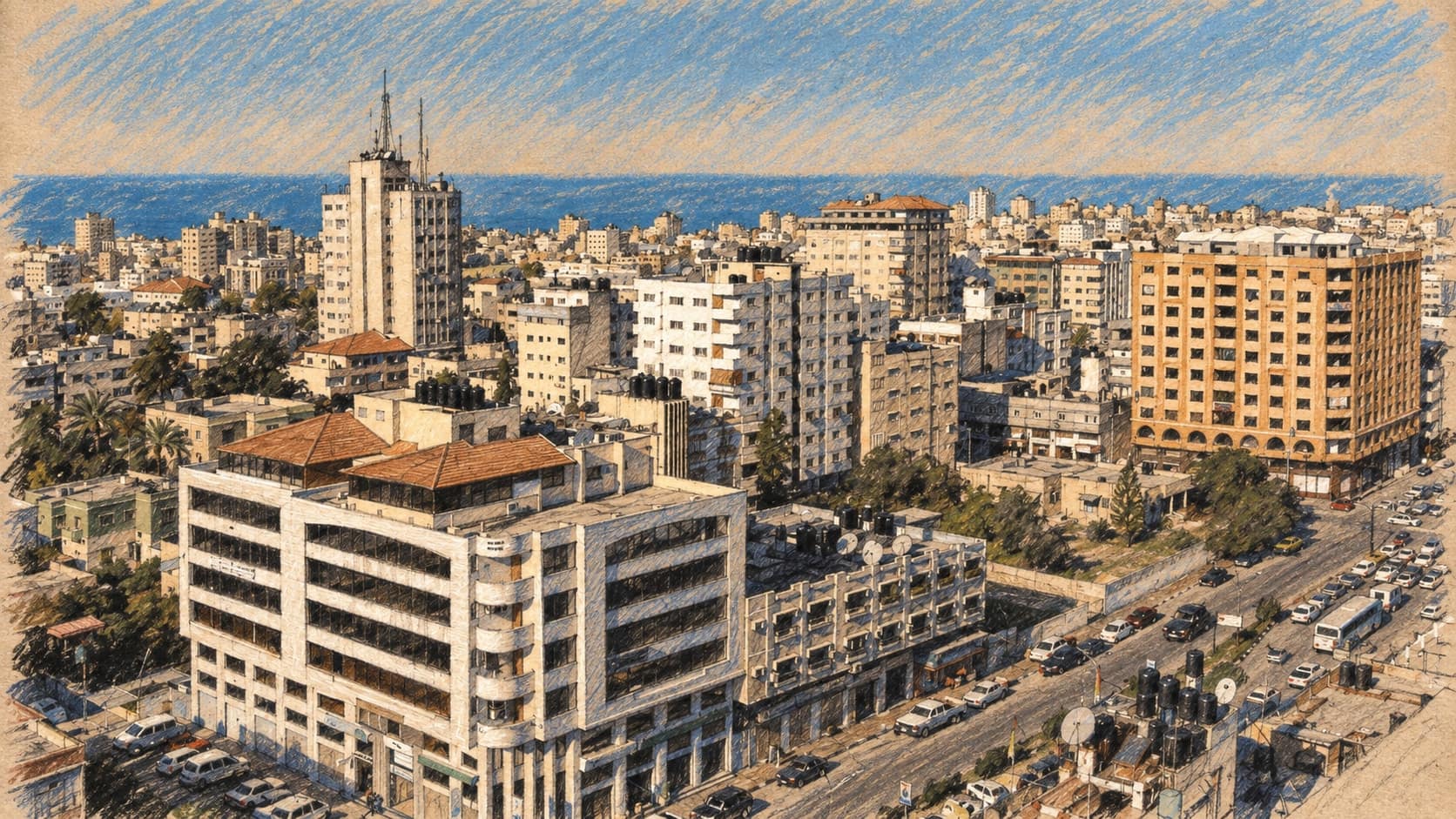 Courtroom-sketch editorial illustration of an archival contextual view across Gaza City's dense coastal skyline from an elevated viewpoint; it does not depict Sufian Abu Zaida, Yahya Sinwar, the alleged message, any meeting, or the October 7 attack, rendered in warm ochre and slate-blue pastel strokes.