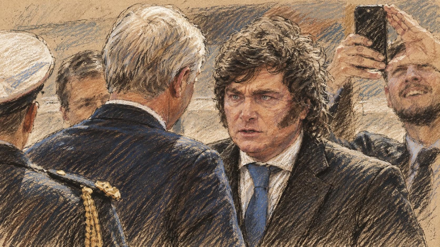 Courtroom-sketch editorial illustration of Argentine President Javier Milei facing a gray-haired official amid uniformed personnel and an onlooker holding a smartphone, rendered in warm ochre and slate-blue pastel strokes.