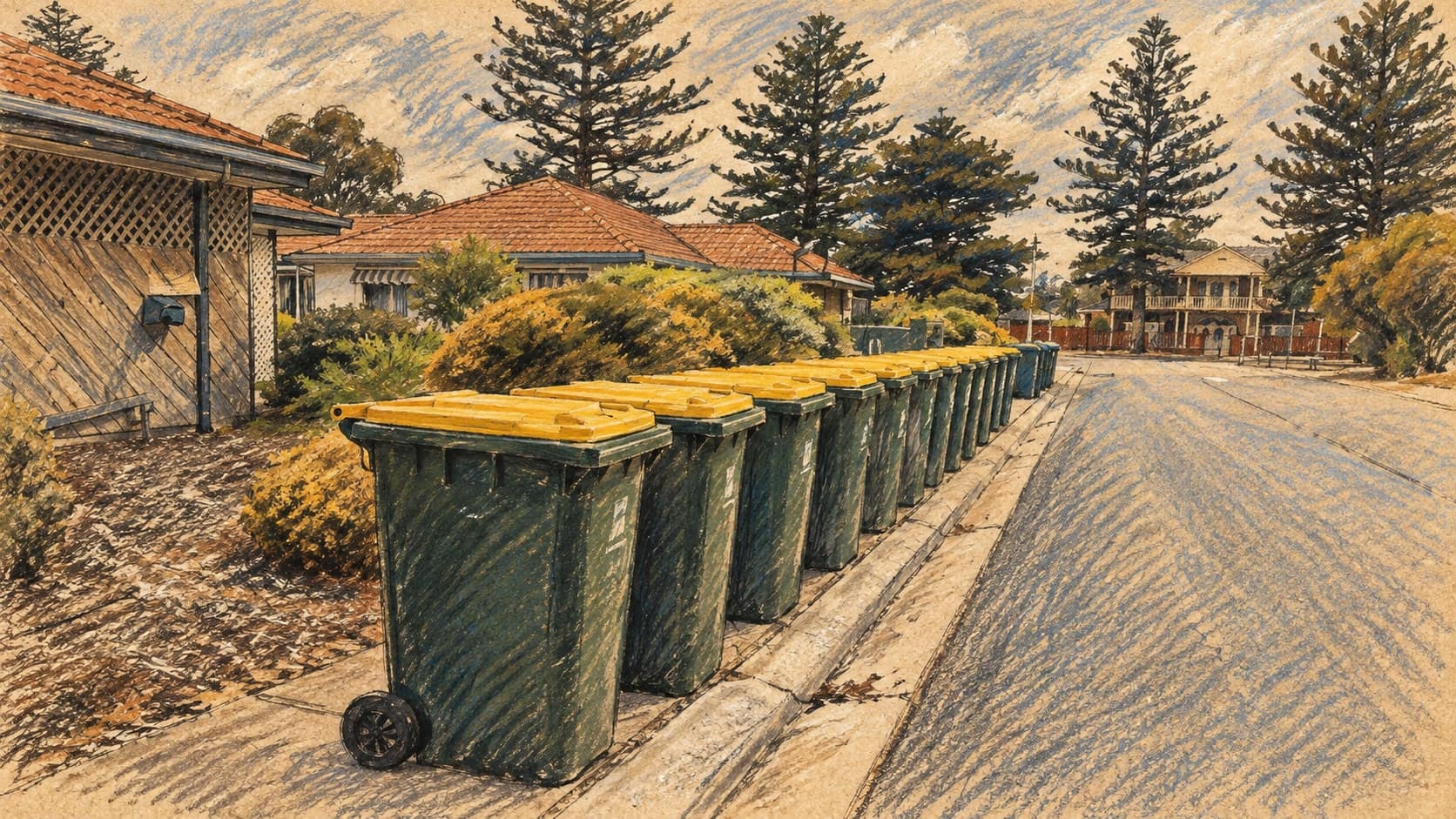 Courtroom-sketch editorial illustration of an archival contextual row of green recycling bins with yellow lids awaiting collection along a residential street in South Australia; it does not depict the 2026 waste-reform meeting, rendered in warm ochre and slate-blue pastel strokes.