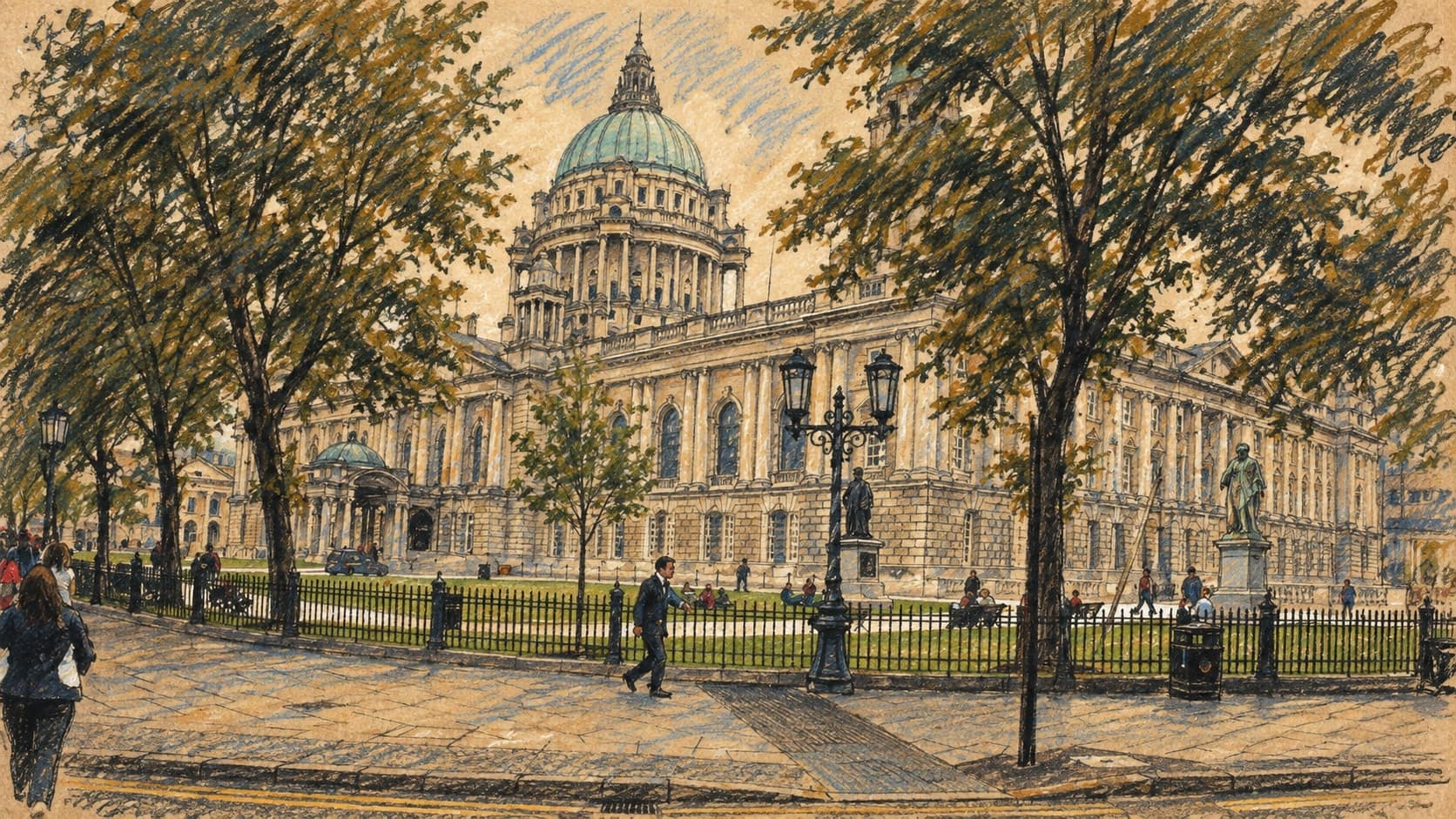 Courtroom-sketch editorial illustration of an archival contextual view of Belfast City Hall across its lawn and railings, framed by trees and scattered pedestrians; it does not depict the 2026 Culture Night events, rendered in warm ochre and slate-blue pastel strokes.
